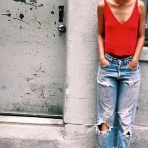 Zara Sleeveless V-Neck Knit 100% Cotton Tank Top in Red